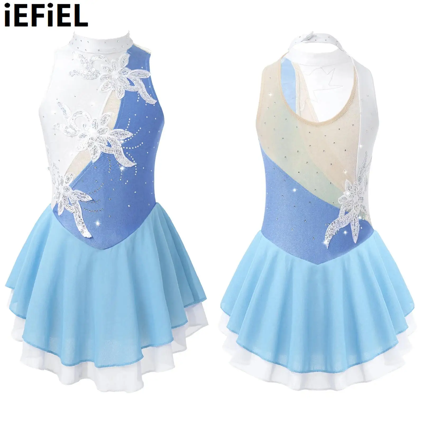 

Kids Girls Floral Decorated Dance Dress Shiny Sequins Stylish Sleeveless Round Neckline Hollow Back Dance Clothing