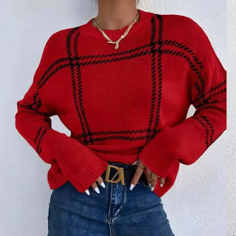 

Women's Crew Neck Long Sleeve Plaid Knit Pullover Sweater Casual Everyday Long Sleeve Tops Knit Pullover Fall Winter Outfit