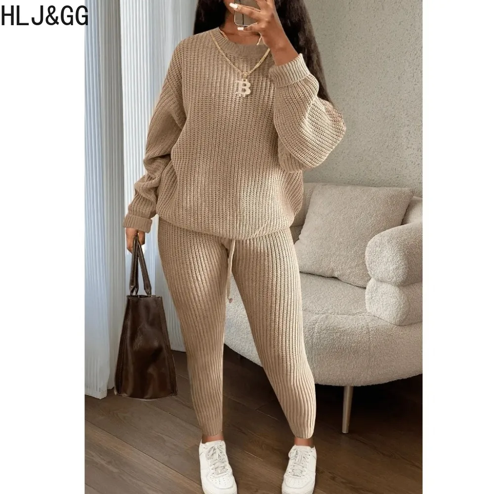 

HLJ&GG Autumn Winter Casual Knitting Sweater Two Piece Sets Women Round Neck Long Sleeve Top And Skinny Pants Tracksuits Outfits