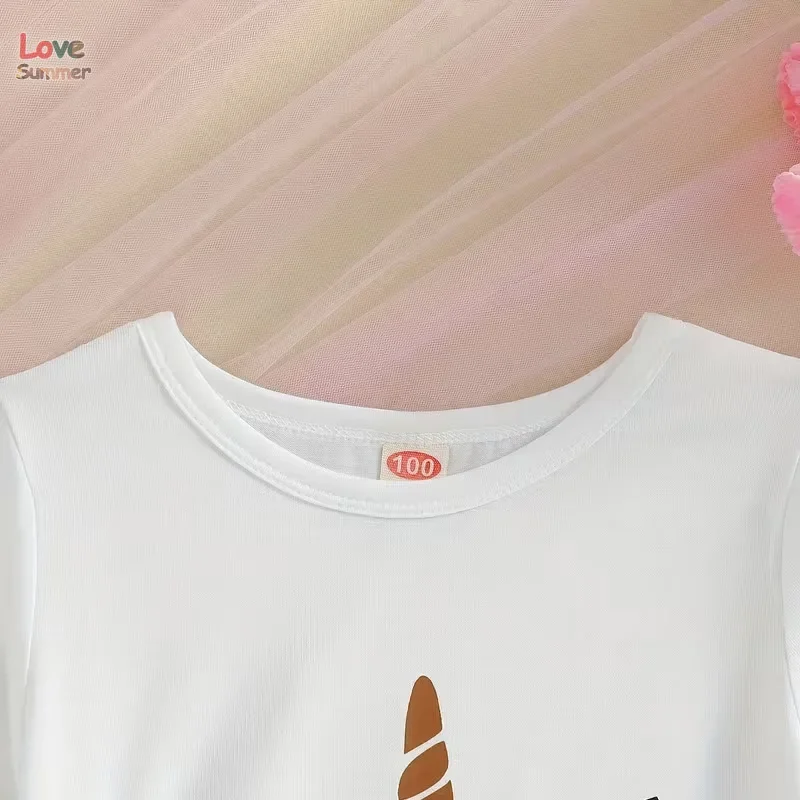 Unicorn Print Girl's Aged 4-14 Cute T-shirt Casual Short Sleeve Comfortable Versatile Tee Tops For 2026 Summer