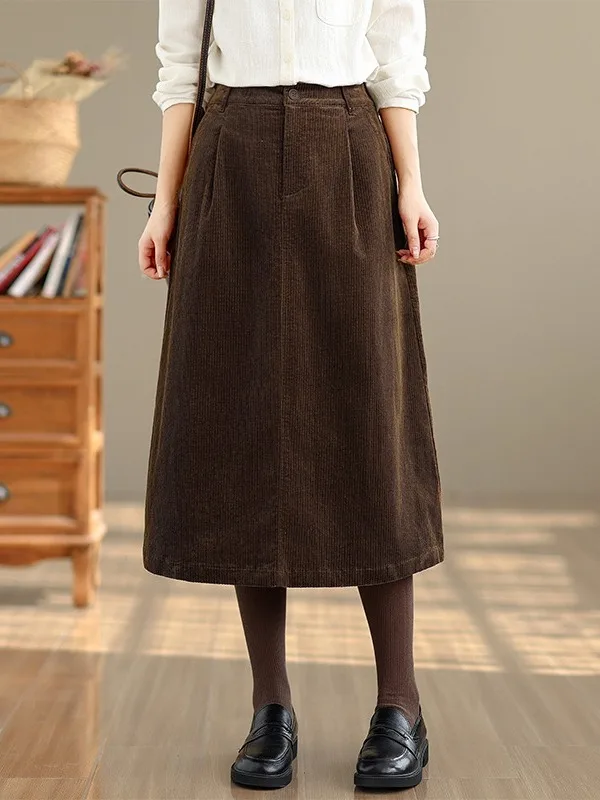 

Вельветовая юбка трапециевидной формы с высокой талией в стиле ретро, свободная посадка, осенне-зимняя текстура, женские модные длинные юбки больших размеров