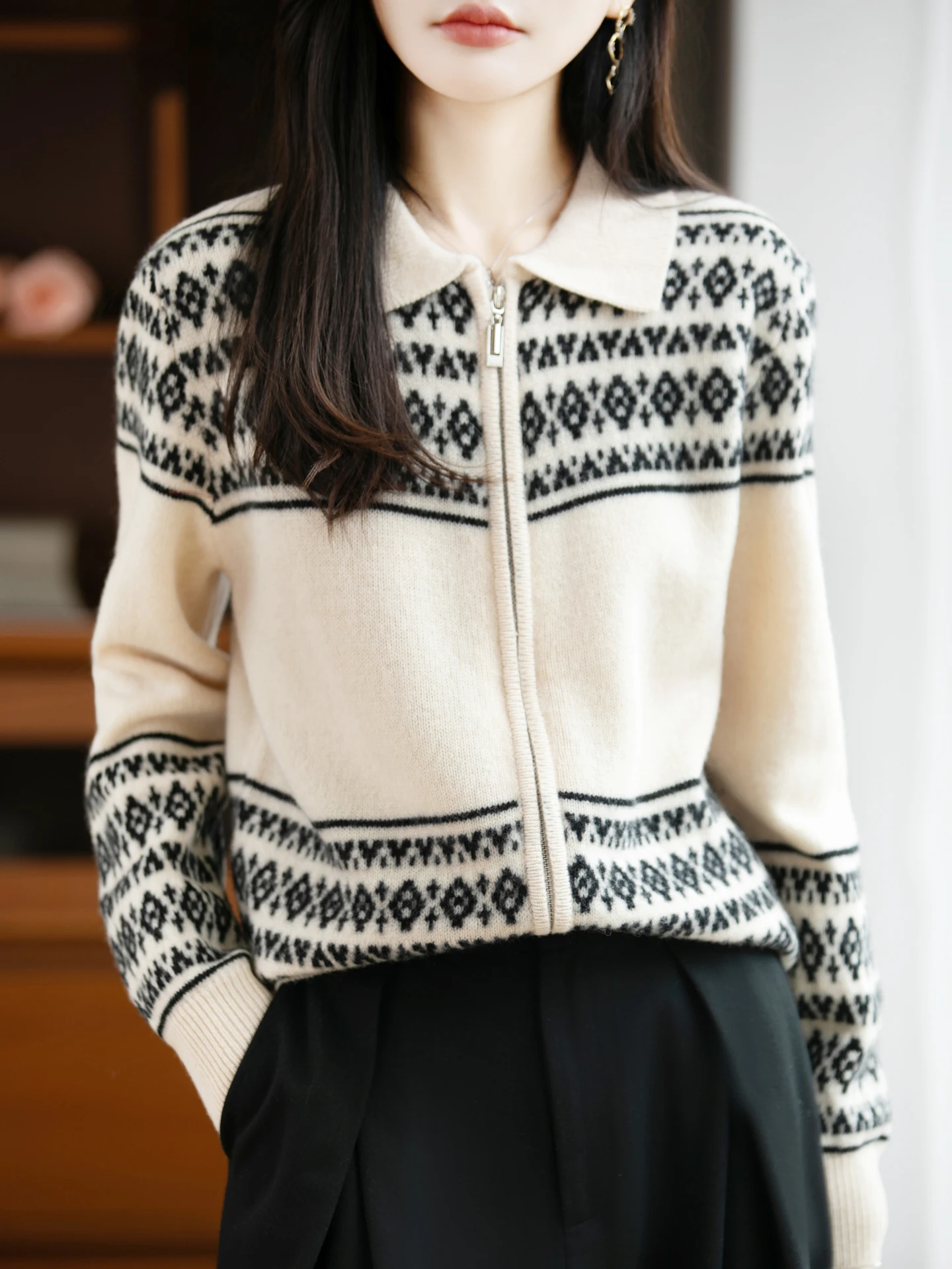 

TLOML женский свитер из 100% мериносовой шерсти с отложным воротником, жаккардовый кардиган с двойной молнией, осенне-зимний кашемировый свитер, плотное пальто