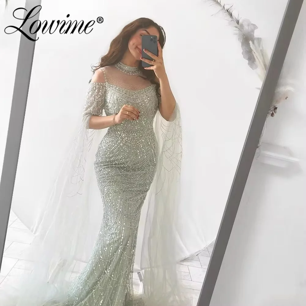 Mint Green Cape Sleeve Prom Dress Arabic Evening Dresses 2024 Custom Made Women Pearls Beaded Mermaid Formal Prom Party Dress