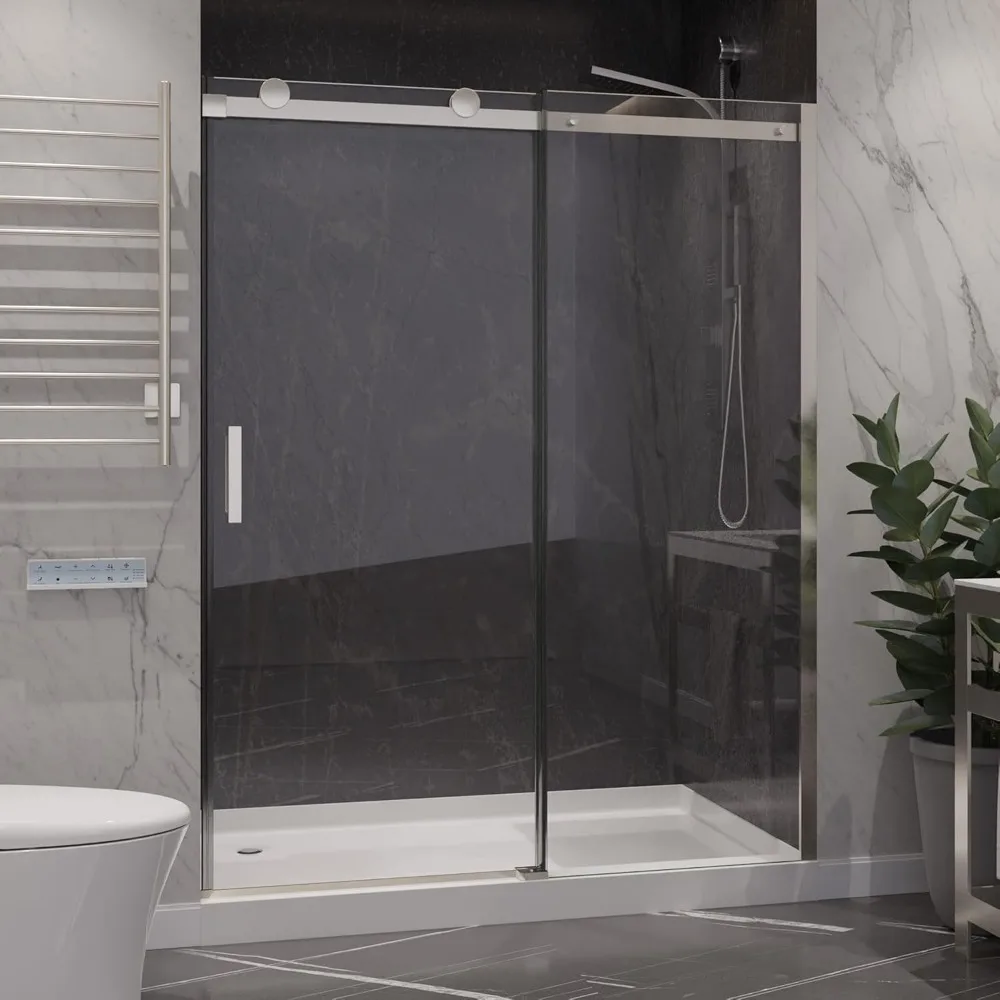 Shower Door, 60 in. Wide, Polished Chrome, Water-resistant Glass with Seal and Handle, Frameless Sliding Shower Door