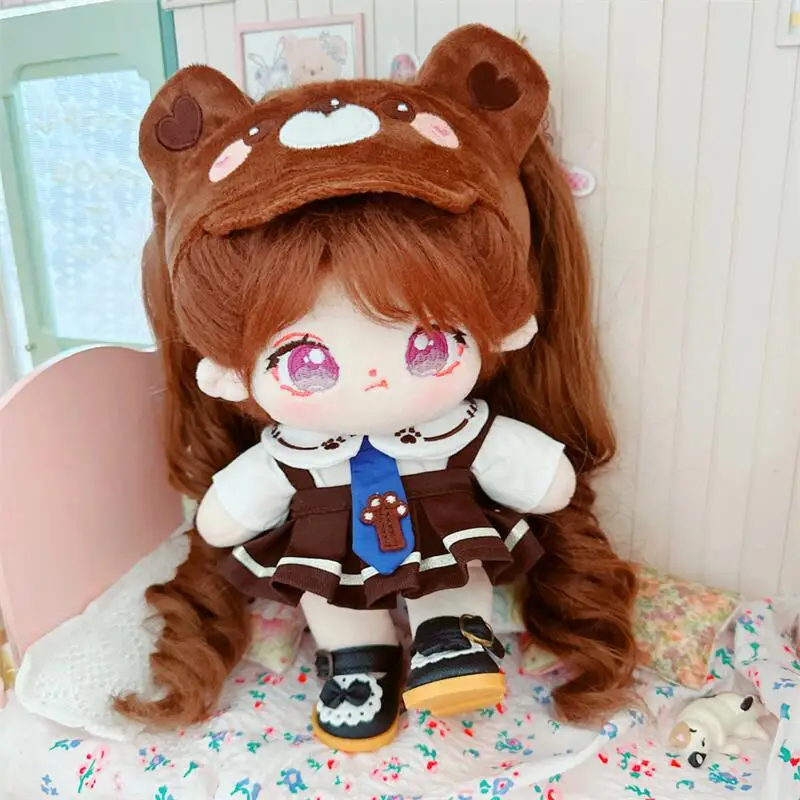 20cm Cartoon Cute Brown Bear Hat Black Strap Skirt Doll Clothes Outfit Accessories Kawaii Stuffed Soft Dolls Girls College Gifts