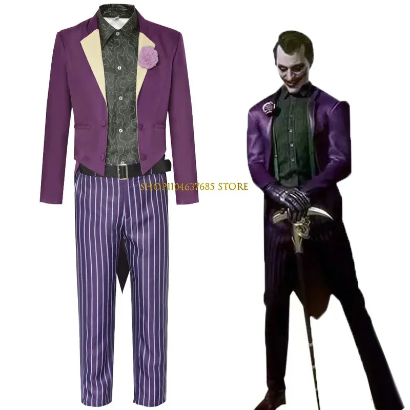 

Anime The Joker Mortal Kombat 11 Cosplay Costume Purpel Suit set stripe Pant Belt Halloween Carnival Costumes For Adult Men
