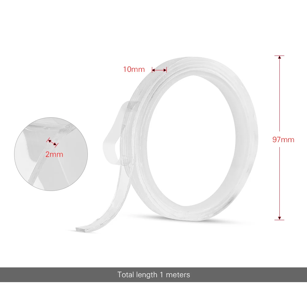 

1 м/3,3 фута моющаяся бесследная двусторонняя клейкая лента съемная многоразовая противоскользящая прозрачная наногелевая лента толщиной 2 мм