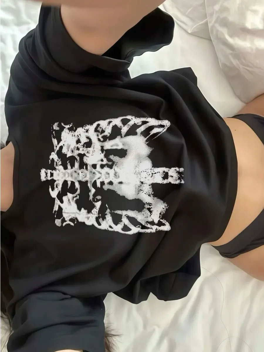 Women Black Short Sleeve T‑Shirt Vintage Grunge Skeleton Ribcage Print O‑Neck Loose Punk Streetwear Ladies Casual Top