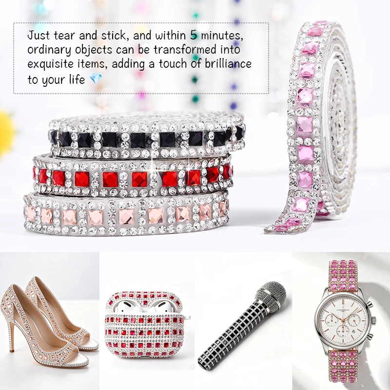 QIAO 2 Meter Selbstklebende Mehrfarbige Luxus-Quadrat-Strass-Besatzstreifen Kristallkette für DIY-Handwerk Schuhe Taschen Kleidung – Detail 4