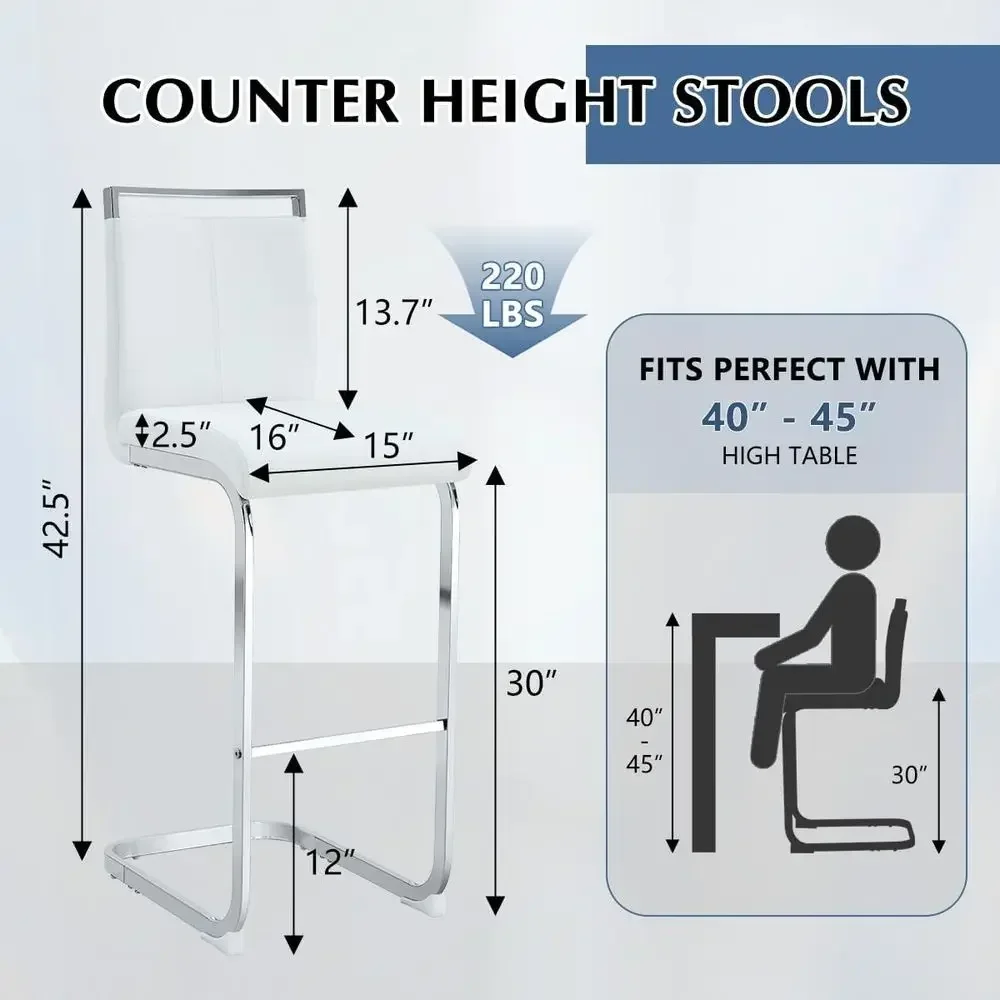 White 30 High-Back Bar Stools Set of 2 with Silver Chrome Frame and Leatherette Upholstery for Counter Height