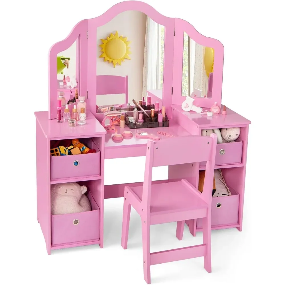 

Kids Vanity Table, Dressing Table with Tri-Folding Mirror, Open Storage Shelves & 4 Boxes, Makeup Table & Chair Set, Vanity Set