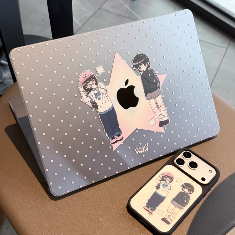 Kawaii Twin Girls Polka Dots Star Crystal Laptop Case For Macbook Air 13.6 M4 NEO 15 M3 For Mac Book Pro 13 M1 M2 14 M4 M5 Cover