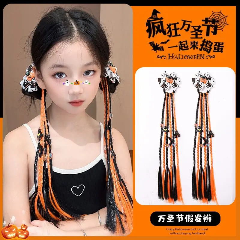 Children's Halloween Wig Braid with Cute Ghost Pumpkin Twist Braids Sweet Edgy Style for Girls Trick or Treat Party Hair Tie