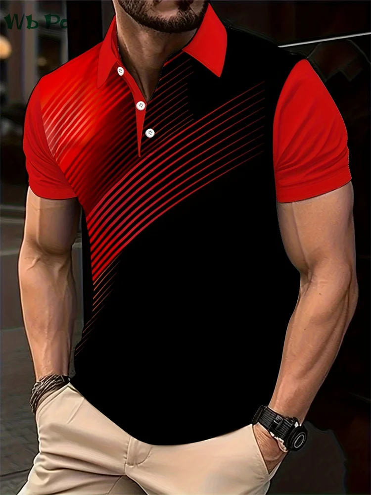 

Summer Fashion Stripe Print Men's Shirts Lapel Polo T shirt Men Breathable Simple Men's Clothes Mens T shirt Harajuku Street Top