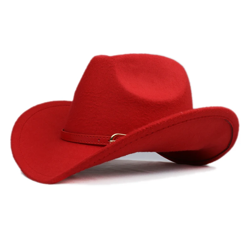 

Retro Simple Red Leather Belt Band Women Men /Kid Child Wool Wide Brim Warm Cowboy Western Hat Cowgirl Cap (54-57-61cm