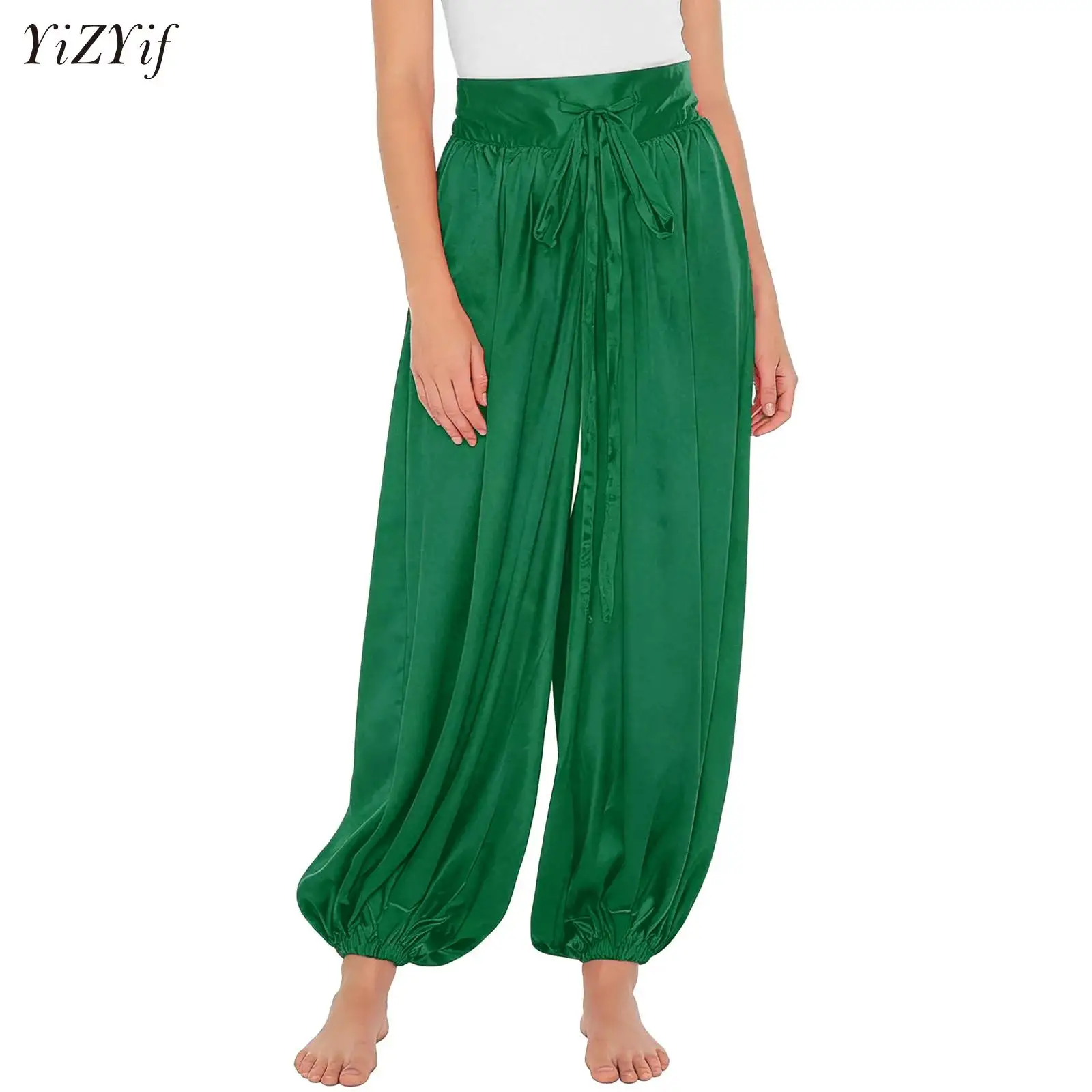 

Womens Loose Pants Drawstring Waist Satin Belly Dance Costume Bloomers for Stage Performance Arab Arabian Princess Cosplay