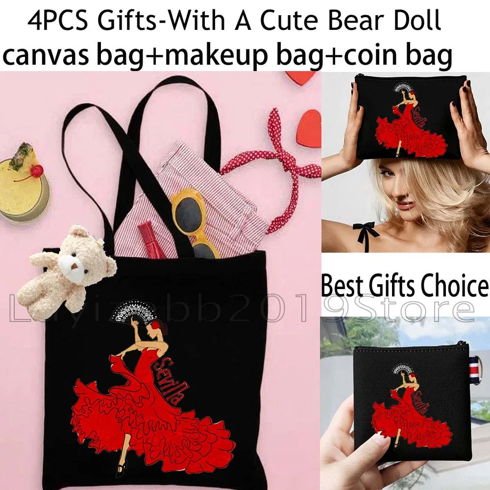 4PCS Cute Dentist Dental Teeth Doctor Dentistry Gifts Black Shopper Canvas Tote Bag,Cosmetic Makeup Bag,Coin Purse Wallet Pouch
