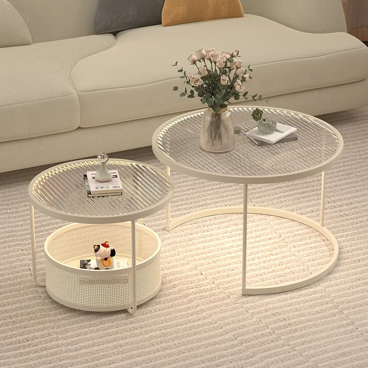 @2024 wabi-sabi wind sofa living room home combination coffee table small apartment tempered glass round