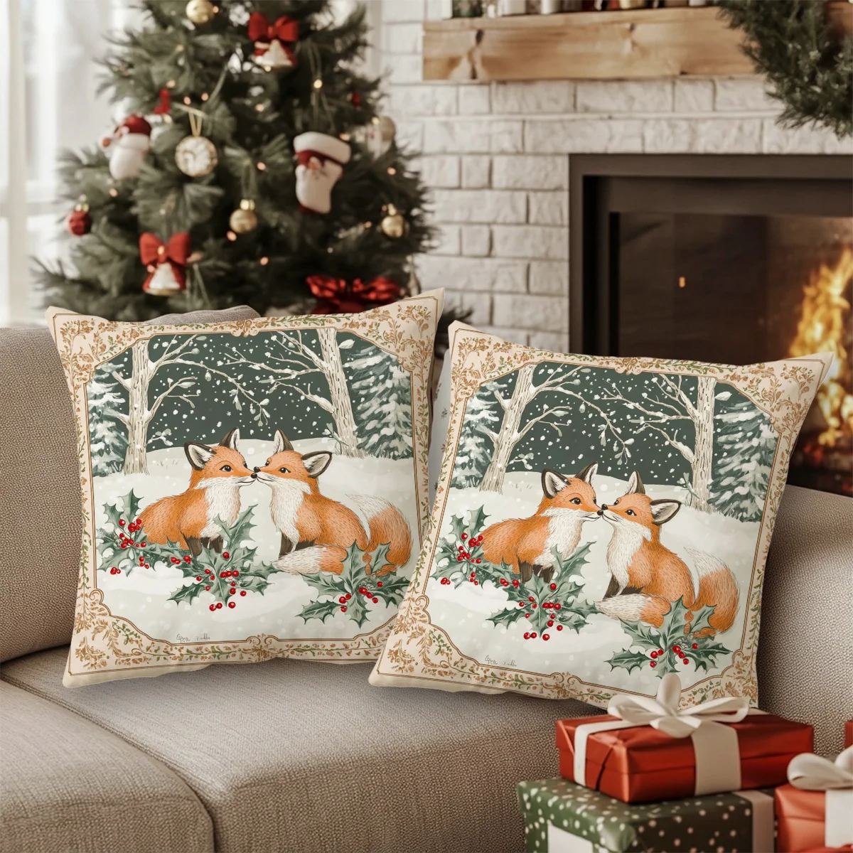 2pcs Vintage Winter Fox & Snowy Forest Pillow Covers 18x18 Inch Polyester Square Cases with Zipper Closure, Machine Washable