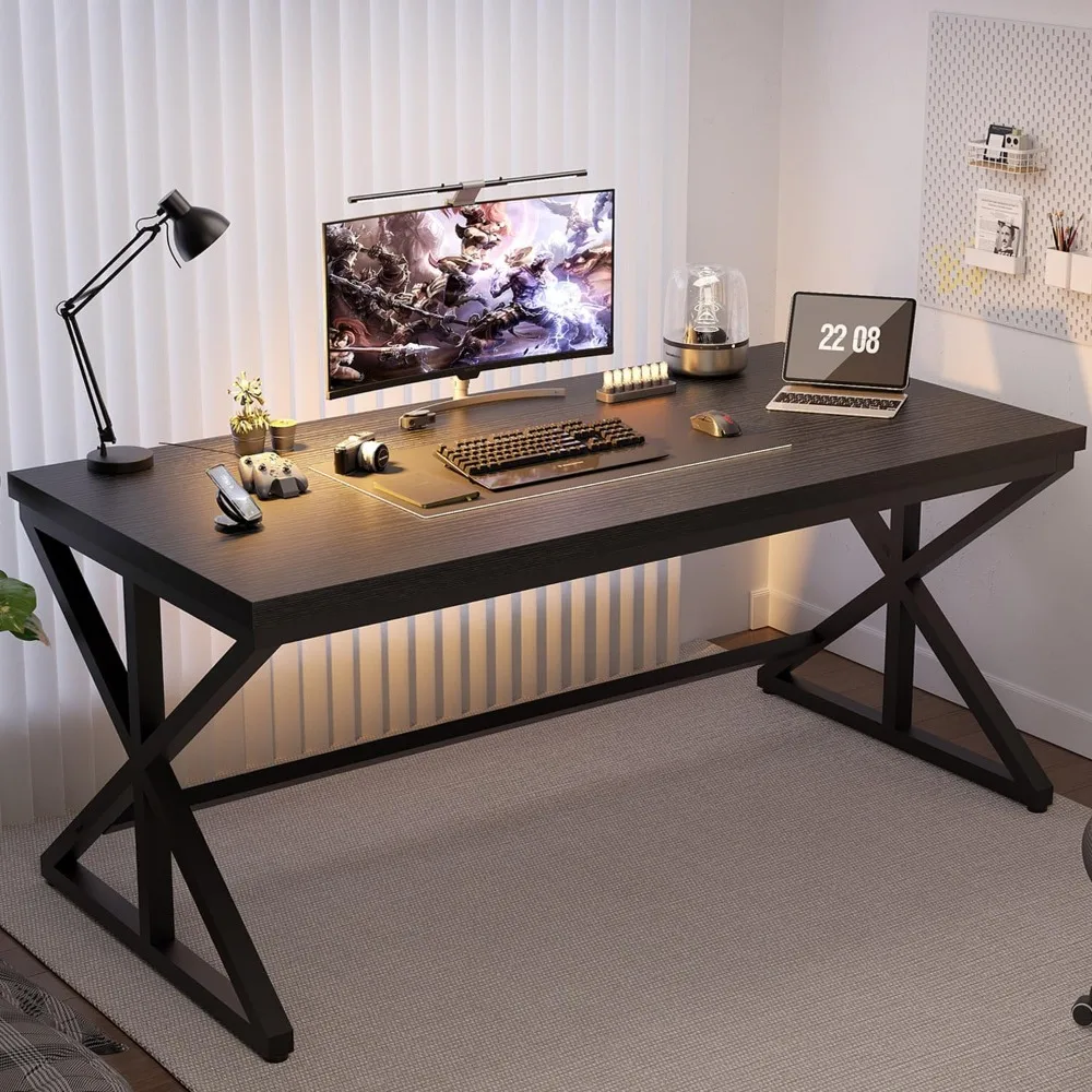 

Modern Black Computer Desk, Long Home Office Desk for Writing Study, Large Simple Wood Metal Work Desk in Bedroom, Big Industri