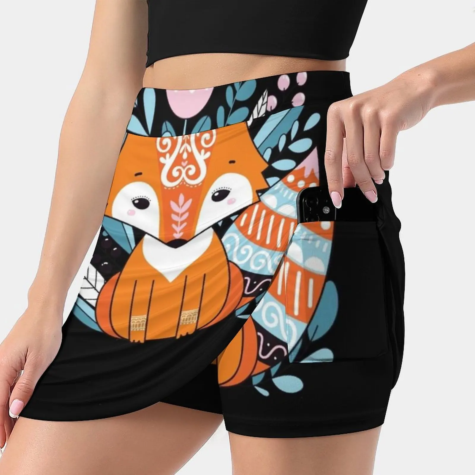 Ethnic Fox Women's skirt Y2K Summer Clothes 2022 Kpop Style Trouser Skirt With Pocket Fox Fox Cute Animal Cartoon Vector Leaves