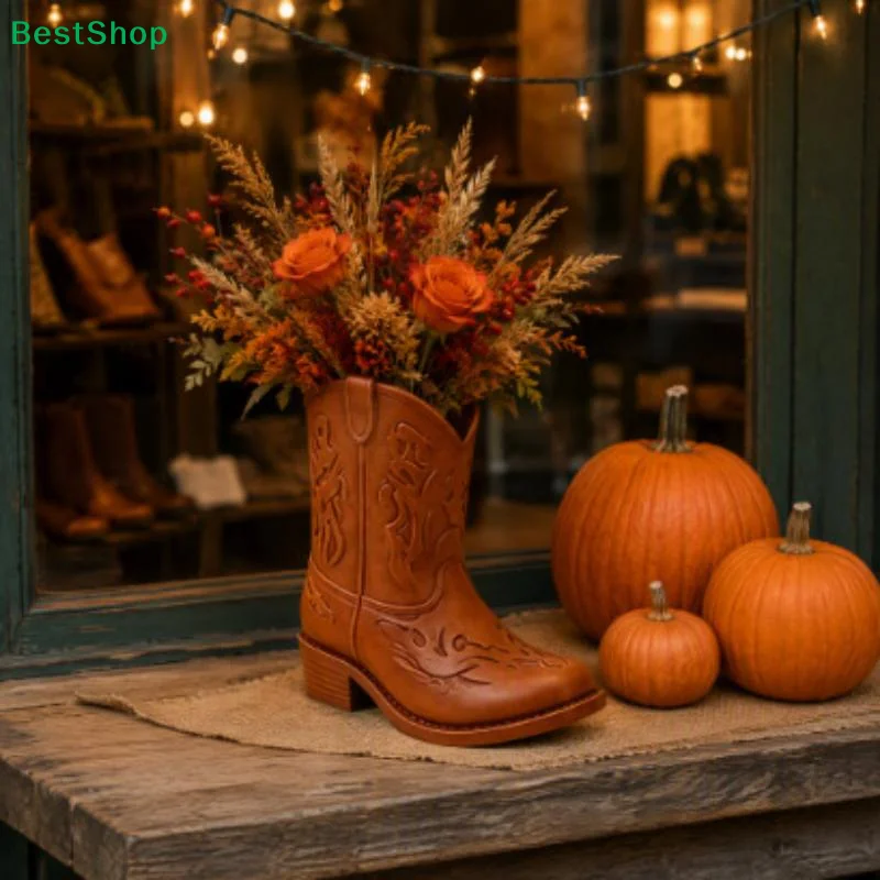 Vintage Western Style Cowboy Boot Statue Vase 3D Printed Home Decor Desktop Organizer Ornaments Boot Shaped Vase Home Desk