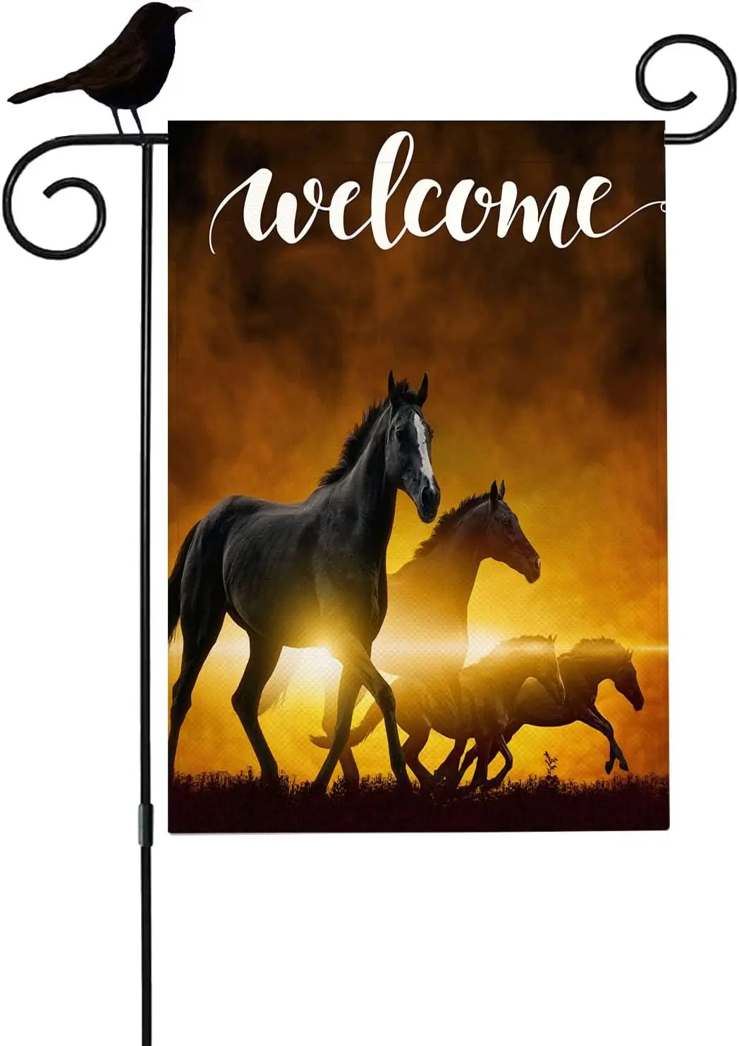 Mugod Running Horse Garden Flag 12.5x18 Inch Double Sided Outside, Red Glowing Clouds Beautiful Sunset Black Horses Seasonal Far