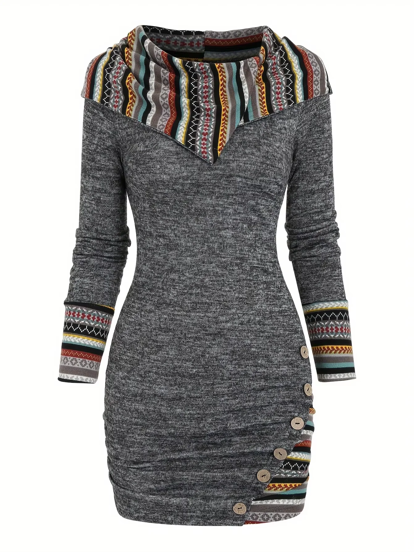 European and American Explosions Fashion Women's Ethnic Style Geometric Stripe Stitching Hooded Knitted Long-Sleeved Tight Dress