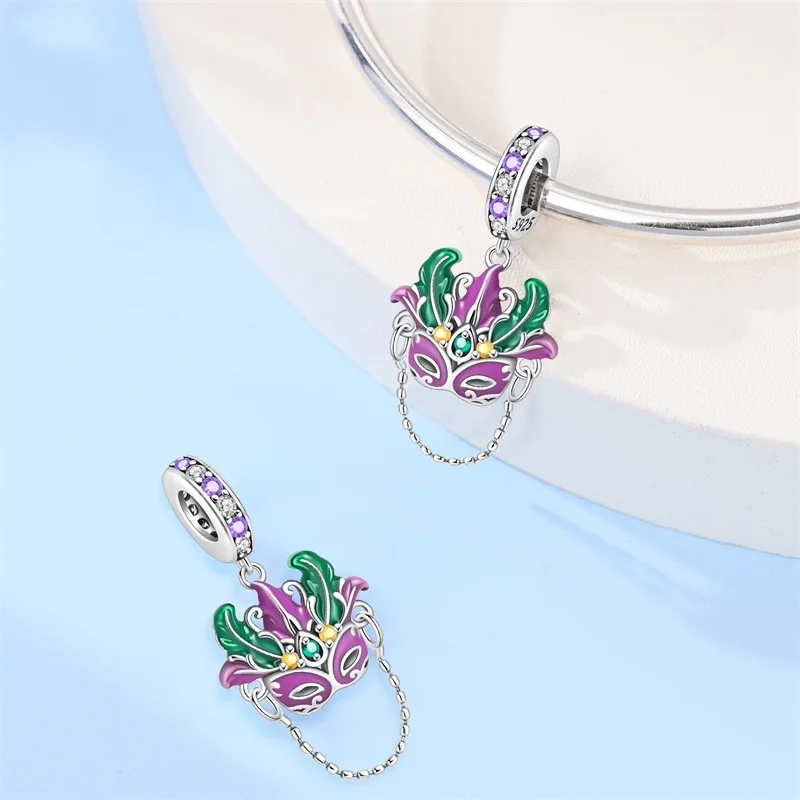 Abalorio de máscara de fiesta de Plata de Ley 925, colgante de baile compatible con pulseras de dijes de 4MM de diámetro, regalo de joyería DIY para mujer