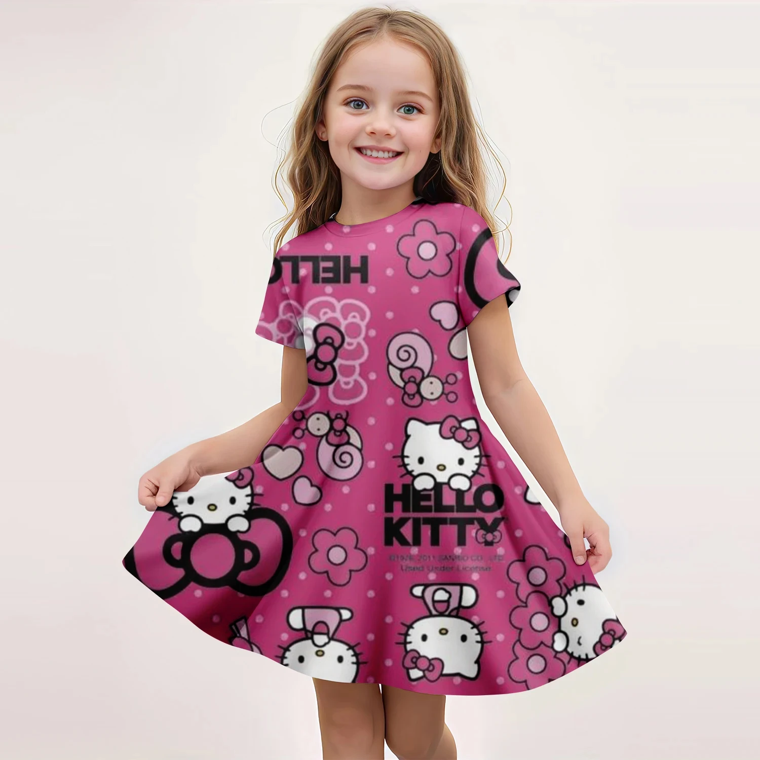 MINISO Hello Kitty New Summer Short Sleeved Dress Cartoon Cute 3D Print Fashion Women Party Princess Girls Dress Clothing