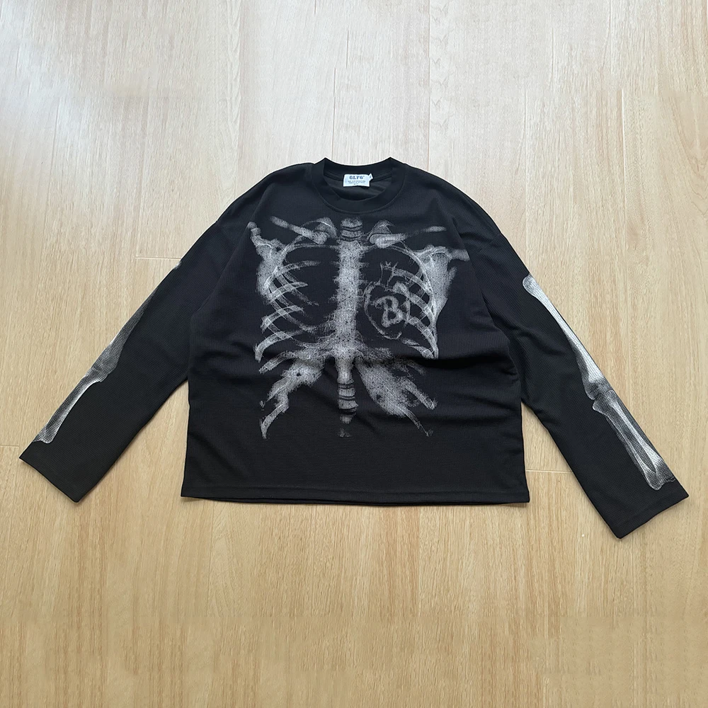 Bone Skeleton Print Waffle-pattern Long-sleeve T-shirts for Men and Women Streetwear Crew Neck Cotton Loose Autumn Top Tees