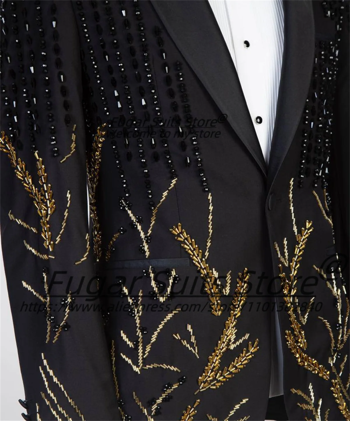 Luxuly Bead Embroidery Prom Men Suits Slim Fit Shawl Lapel Groom Man Prom Tuxedos 2 Pieces Sets Fashion Male Blazers Ropa Hombre
