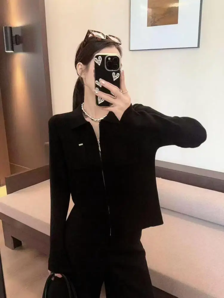 

Корейский модный женский однотонный элегантный универсальный кардиган с двойной молнией, вязаные топы, осенне-зимний праздничный свитер с длинными рукавами, шикарный