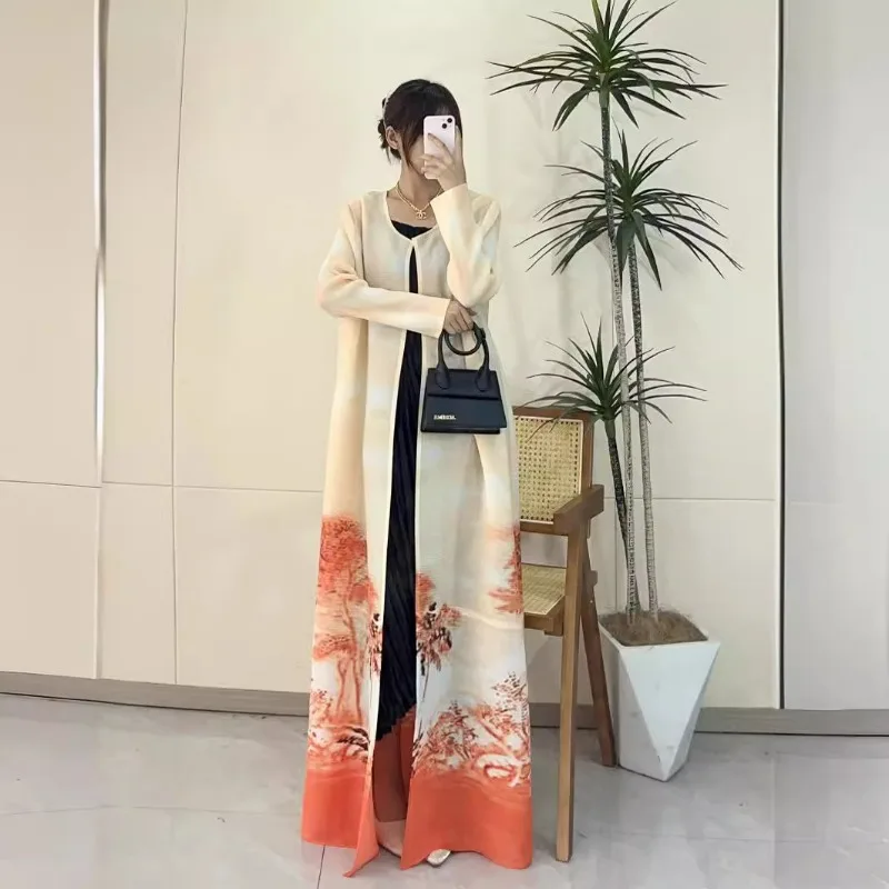 

Miyake Spring Fashion Women's Round Neck Open Long Coat Elegant and Elegant Dress Casual Saudi Style Robe