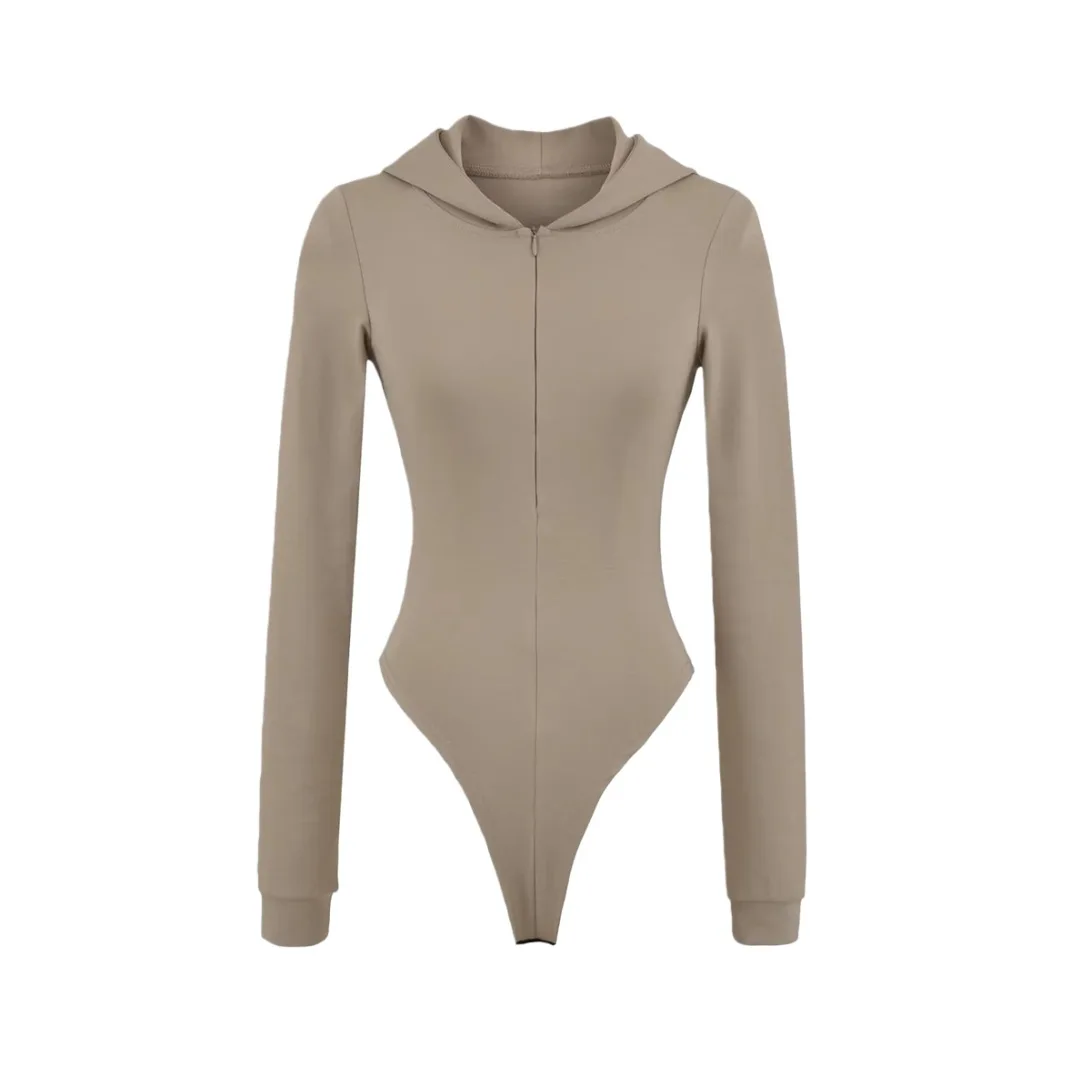 

Women Zipper Long Sleeve Hood Bodysuit Jumpsuit