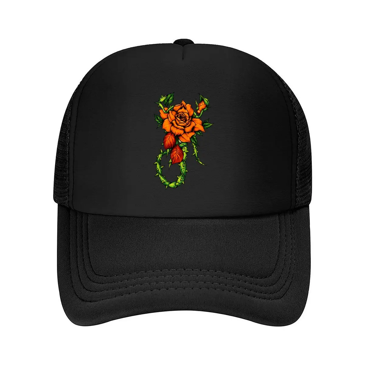 Orange Thorny Rose Floral Botanical Illustration Mesh Baseball Cap Hip Hop