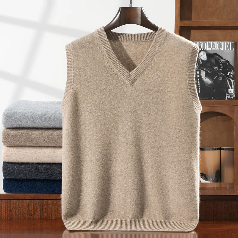 ANGEL Men V-neck Cashmere Waistcoat Spring Autumn Winter Solid Sleeveless Pullover Sweater 100% Goat Cashmere Knitwear Vest Top view 4