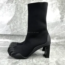 Women Five Finger Boots Split-Toe Pull-On Leather Booties Toe Heeled Black Pink White Luxury Design Runway Sock Boot Shoes Lady