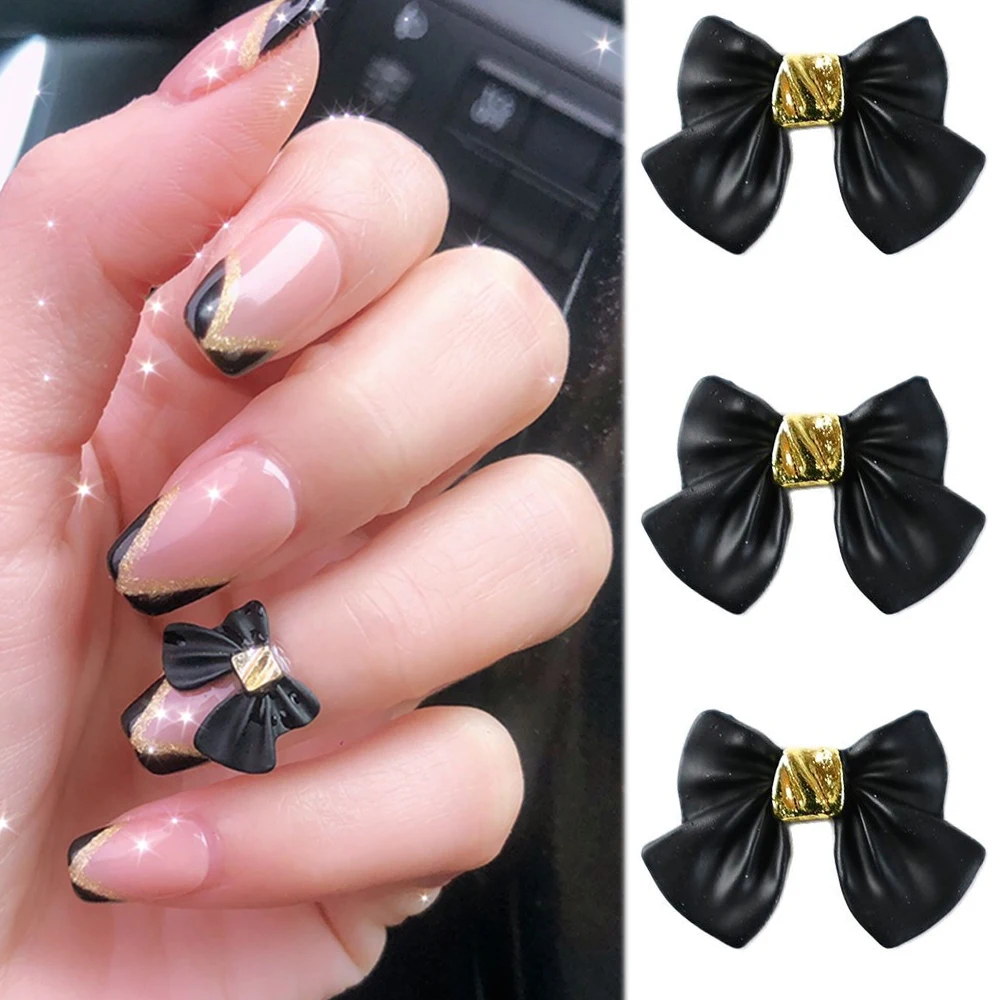 10Pcs Black Metal Bowknot Alloy Nails Charms 12*15.5mm Ribbon Bow Jewelry DIY Korean Parts Manicure Rhinestones Accessoiry-*T5-2