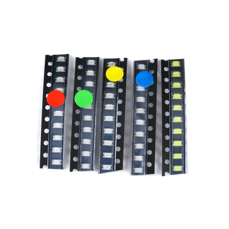 1206 SMD LED commonly used component packs (red, blue, green, yellow and white), a total of 5 kinds, 10 pieces each