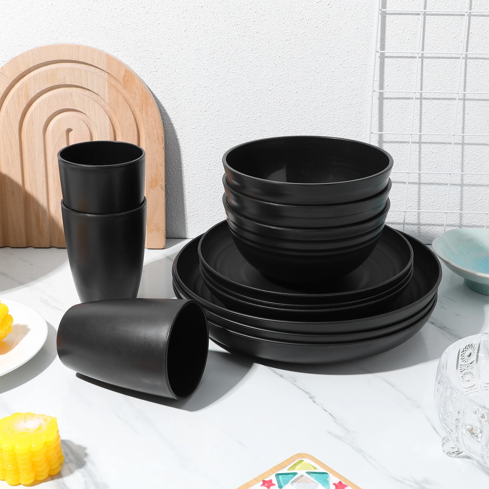 

1Set Wheat Straw Dinnerware Set Black Plates Bowls Cups Heat Resistant Outdoor Camping Picnic Dorm Dining