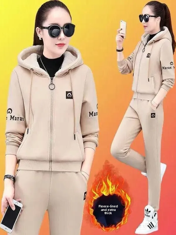 Lamb Velvet Sweatirt Set Women's Casual Thiened Fce Sports Winter Two-Piece Suit Faionable Midlife Women's Ensemble