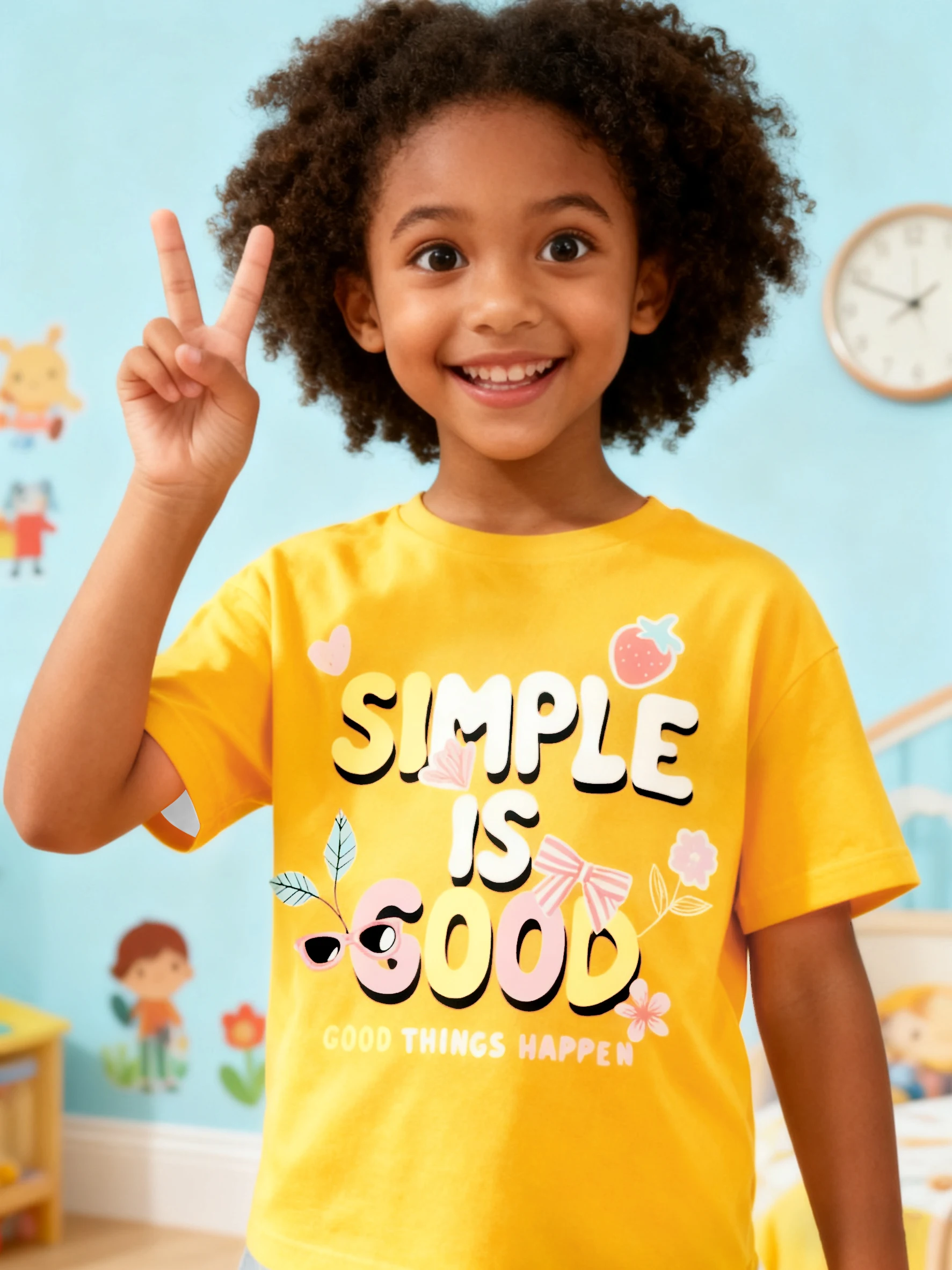 

Comfortable bright yellow children's T-shirt with fun strawberry floral decoration