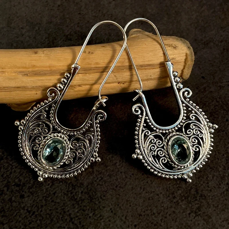 

New Vintage Silver Color Hook Earrings For Women Boho Retro Aquamarine Blue Stone Flower Hollow Dangle Earring Fashion Jewelry