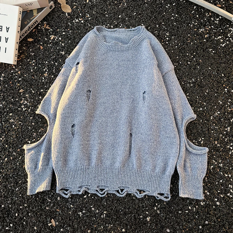 

Men's Fashion Ripped Sweater Autumn Winter Solid Color Hollow Out Knitted Top American Casual Trendy Male Pullover Tops
