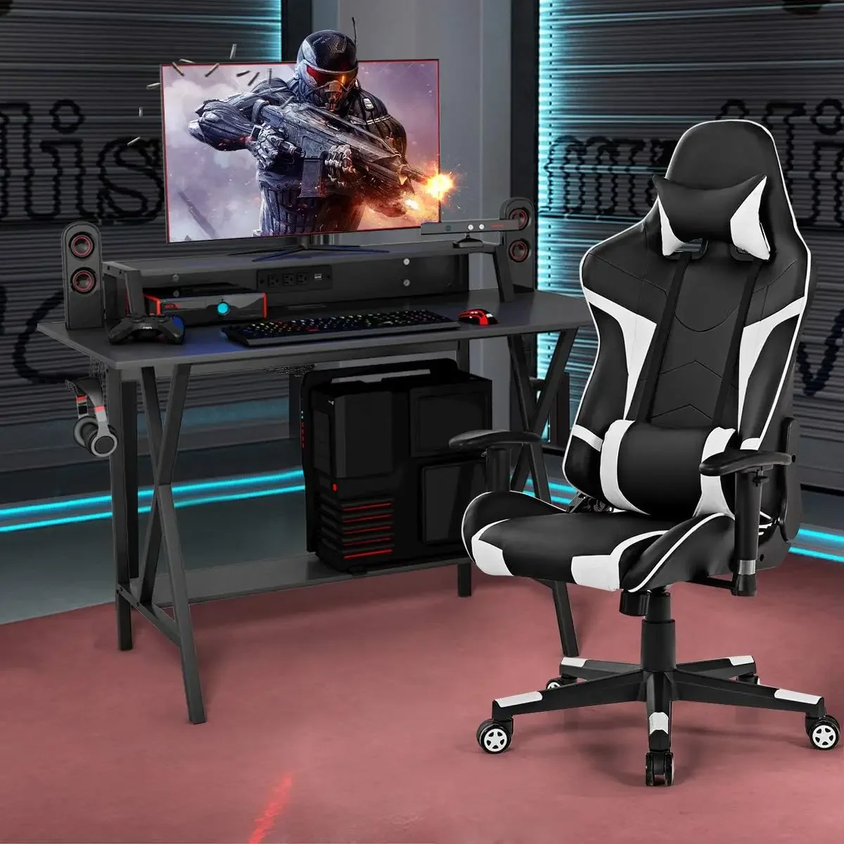 Conjunto de mesa e cadeira para jogos, mesa ergonômica para jogos e-sports e conjunto de cadeiras de corrida com suporte para copos, suporte para monitor, gancho para fone de ouvido