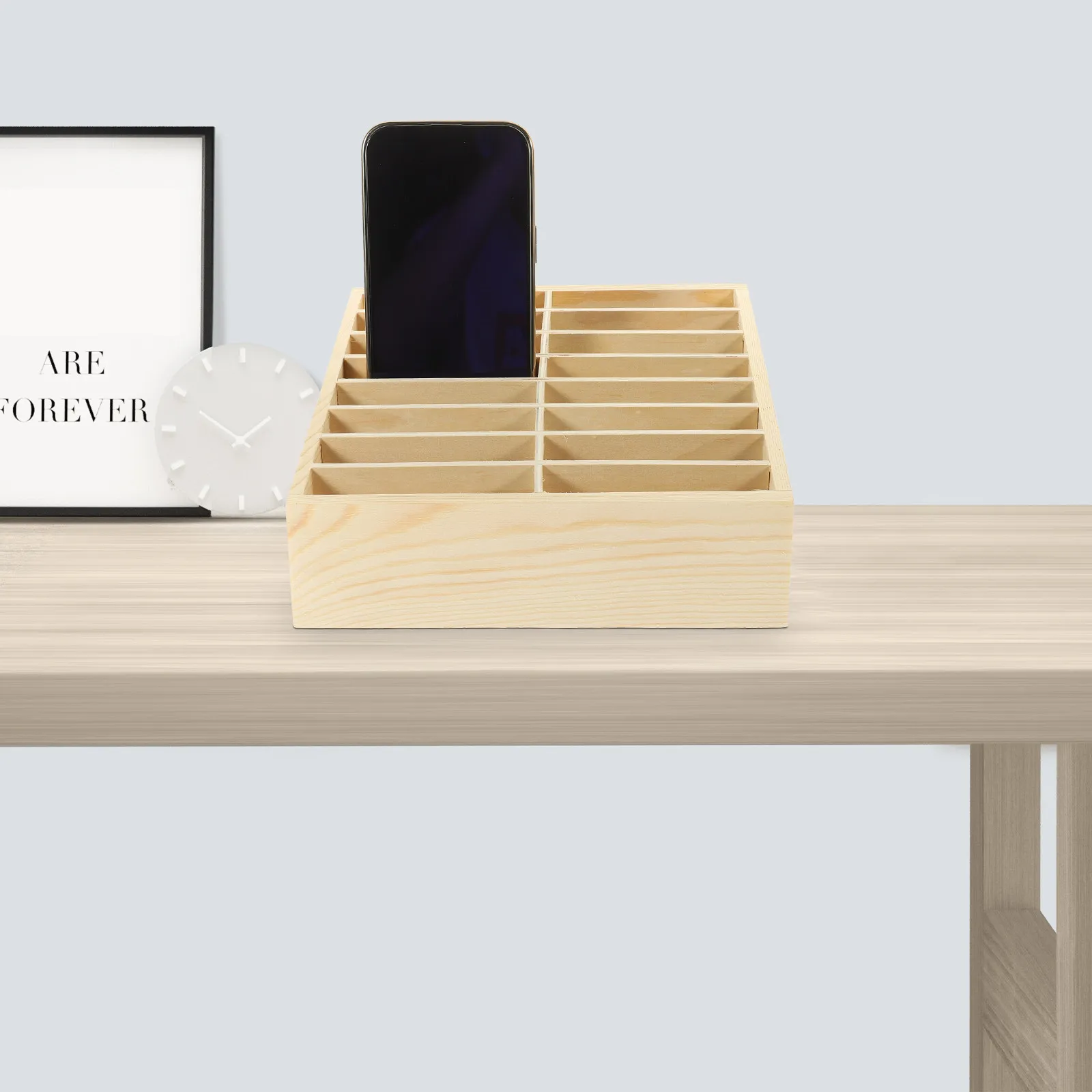 

Eco-Friendly Wooden Mobile Phone Storage Box Multi-Compartment Desktop Organizer for Smartphones Office School Educational