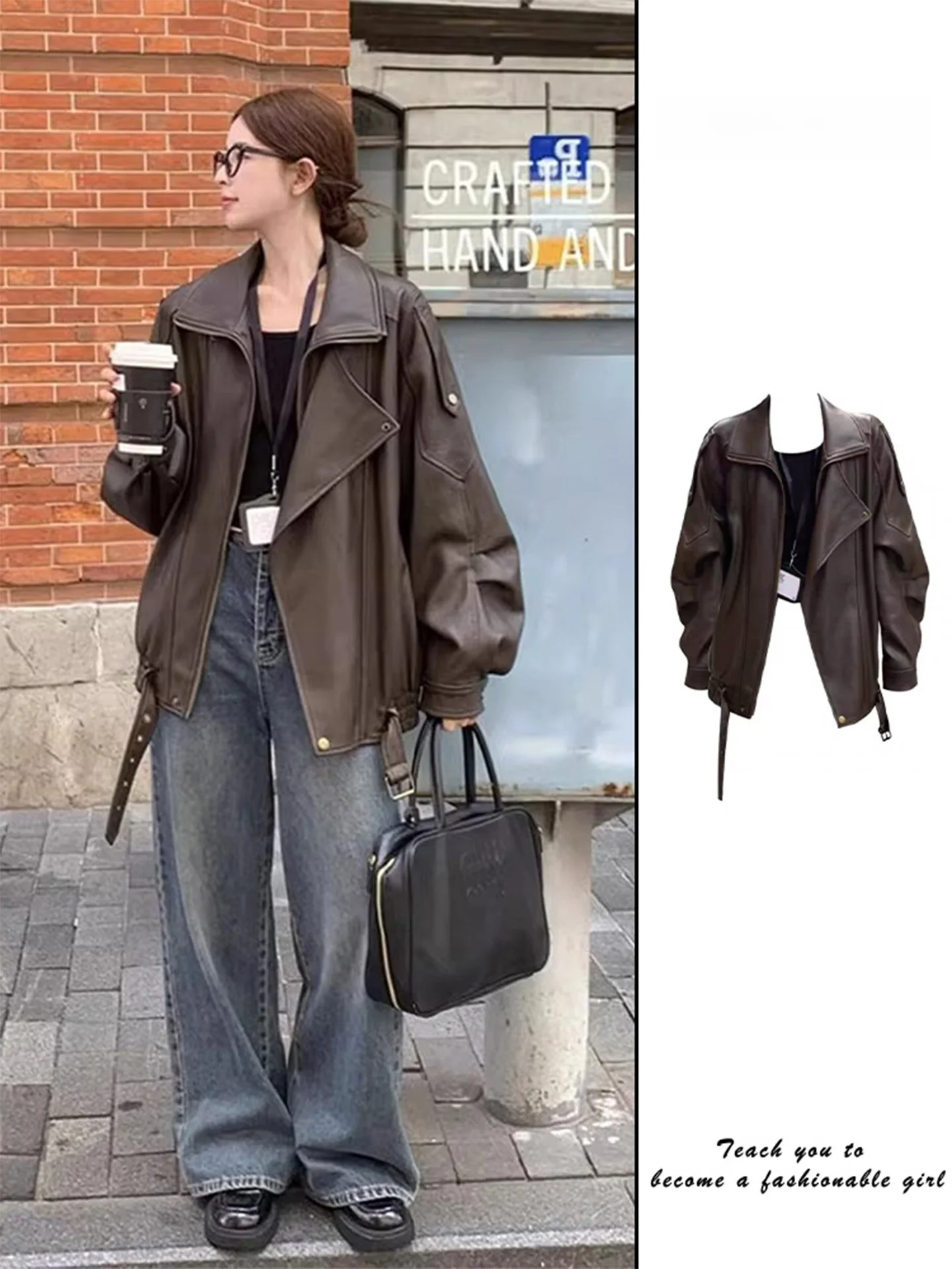 

Brown Leather Jaet Women's Spring Autumn Loose Motorcycle Sle Padded Coat Trendy Coffee Color Outerwear Casual Commute