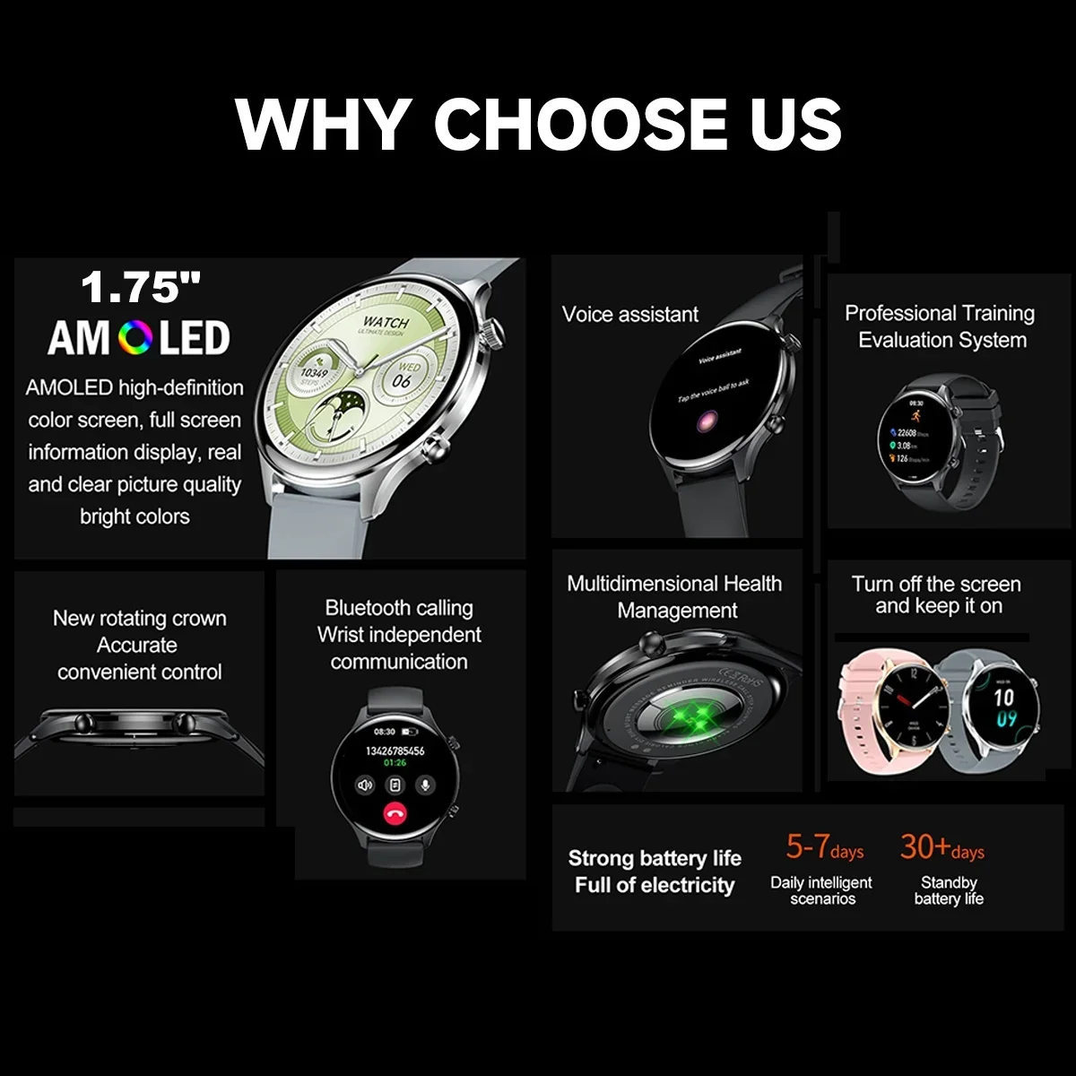 ساعة ذكية KPEP مقاس 1.75 بوصة AMOLED HR/SpO2/مراقبة صحة النوم اتصال لاسلكي IP68 جهاز تعقب للياقة البدنية الرياضي المتعدد للرجال والنساء