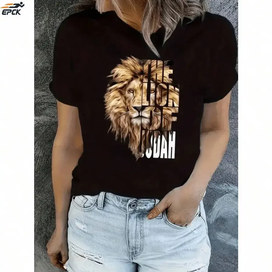 

Lion Letter Print T Shirt Casual Crew Neck Short Sleeve Daily Top Women's Clothing Summer Training Workout Jogging Tops